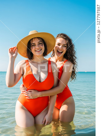 Joyful friends embracing in crystal clear tropical waters wearing vibrant orange swimwear 127797887