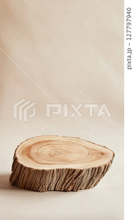 Rustic tree stump slice with textured bark on neutral background 127797940
