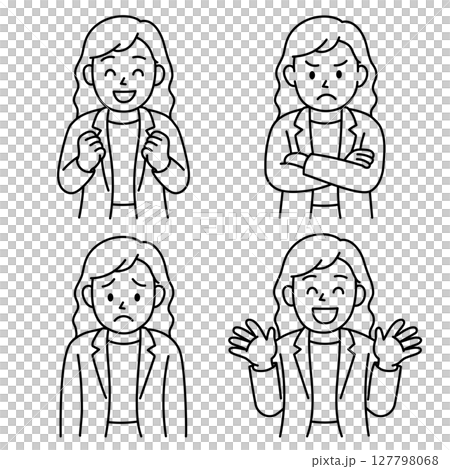 Young women's emotions set (business suit, line drawing) 127798068
