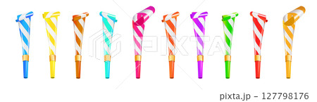 Color Party Blower Whistles Set of Celebration Happy Party. Realistic Detailed 3d. Vector 127798176
