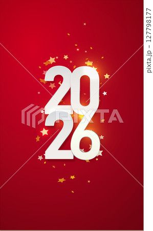 2026 gold metal number for New Year . Festive Christmas banner with falling confetti on bright background. Realistic Golden 3d number. Vector 127798177