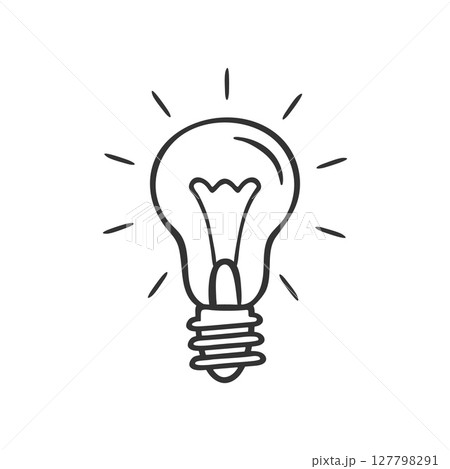 Electric lamp bulb, outline black marker ink contour, doodle sketch hand drawn blob stroke line. Isolated element, white background, new idea symbol, graphic web design. Cute vector illustration Electric lamp bulb, outline black marker ink contour, doodle sketch hand drawn blob stroke line. Isolated element, white background, new idea symbol, graphic web design. Cute vector illustration 127798291