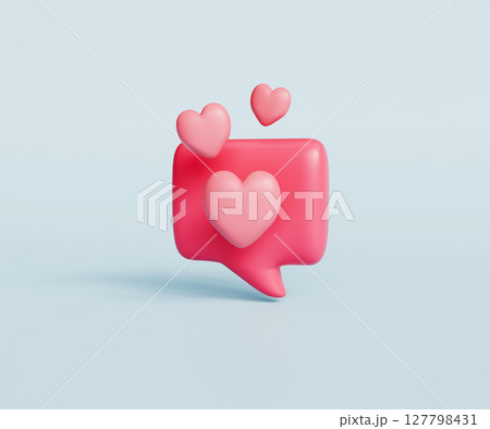 3d pink heart shaped like icon with message bubble on blue background. 127798431