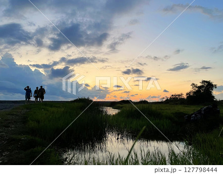 Silhouettes of people walking on the meadow after sunset Silhouettes of people walking on the meadow after sunset 127798444