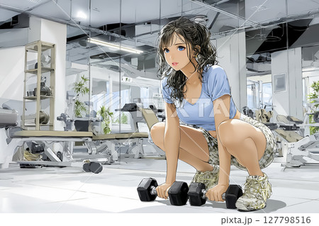 スポーツジムでダンベルを持ってスクワットをする若い女性 127798516