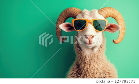 A stylish ram with large curled horns poses confidently in bright orange sunglasses against a teal background 127798573