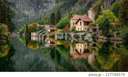 A peaceful lakeside village with charming stone houses and a small tower reflects beautifully in the still water 127798579