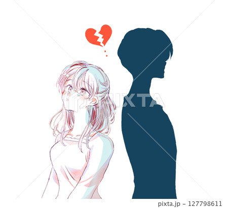泣いている女性とシルエットの男性　背中合わせ　上半身　割れたハート　ネガティブ 127798611