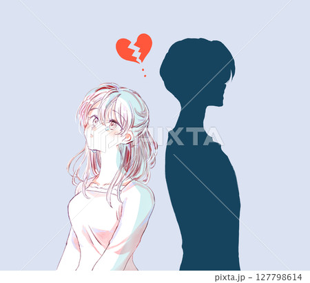 泣いている女性とシルエットの男性 背中合わせ 上半身 割れたハート ネガティブ 泣いている女性とシルエットの男性 背中合わせ 上半身 割れたハート ネガティブ 127798614