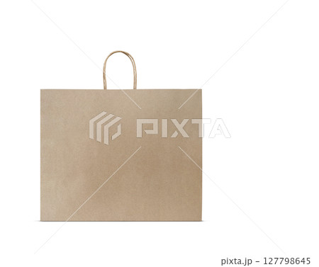 Large empty brown kraft paper bag isolated on white background. Eco-friendly shopping bag made of recycled paper. Template with copy space. 127798645