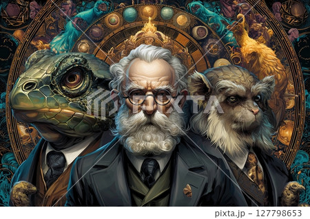 animals representing the evolution theory by charles darwin, caricature illustration 127798653