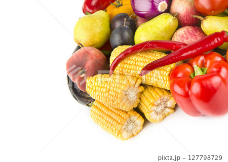 Collection fruits and vegetables isolated on a white. Free space for text. 127798729