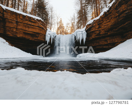 Frozen waterfall shimmering sunlight surrounded by pristine snowy forest showcasing winters 127798781