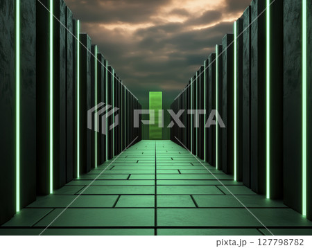 Futuristic corridor with glowing green lights and tall green monolith under cloudy sky 127798782