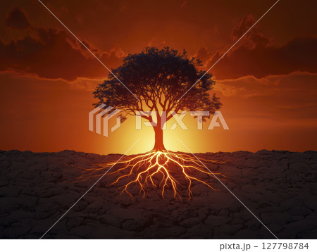 Glowing tree with intricate roots in barren land symbolizing resilience and purpose at sunset 127798784