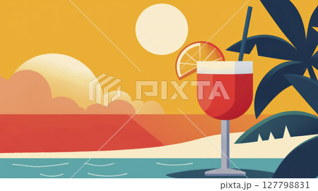 Vibrant summer beach scene with refreshing cocktail and warm sunset glow 127798831