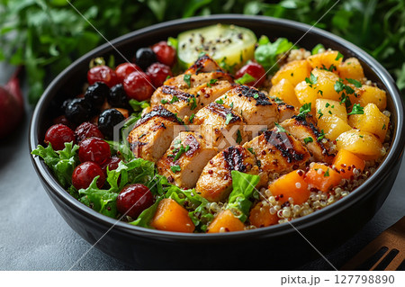 Packed office lunch box with quinoa salad, grilled chicken, mixed greens and fruit. Packed office lunch box with quinoa salad, grilled chicken, mixed greens and fruit. 127798890