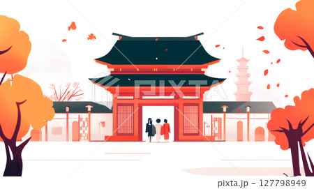 神社と紅葉のある風景 127798949