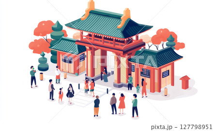 神社前にいる人々のイラスト素材 127798951