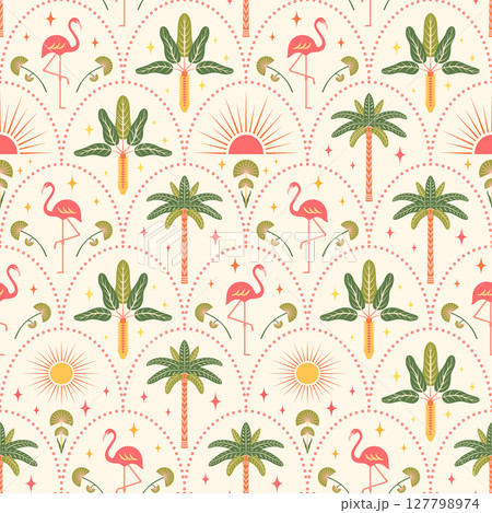 Tropical seamless pattern vector illustration. Pink flamingos, bright palm trees, sun shapes on light scallop arch background. Summer beach vacation vibes repeat tile design, modern symmetrical style 127798974