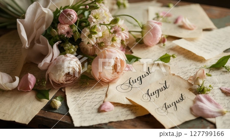 Delicate blush flowers lie atop vintage letters with elegant "August" calligraphy 127799166