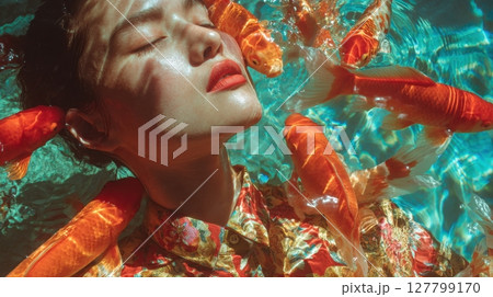 A woman in a vibrant floral shirt floats serenely underwater with her eyes closed as vivid orange koi fish 127799170