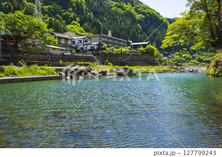 杖立温泉を流れる杖立川と新緑の風景 127799243
