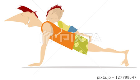 Healthy lifestyle. Dad and his little son do exercises. Happy father with a child on his back doing physical exercises 127799347