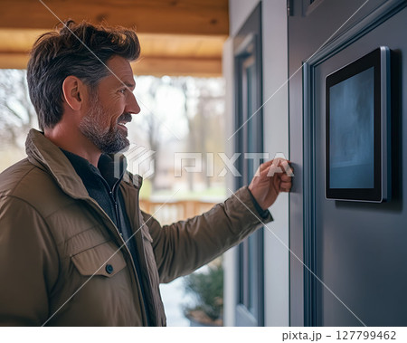 tech-savvy homeowner asking AI to show weather forecast on smart screen near entryway 127799462