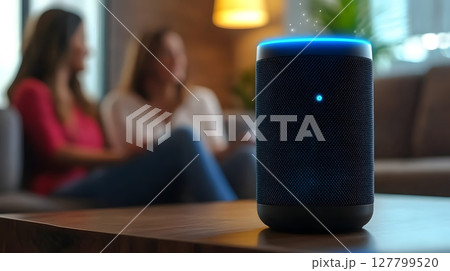 couple asking ai speaker for movie recommendations 127799520