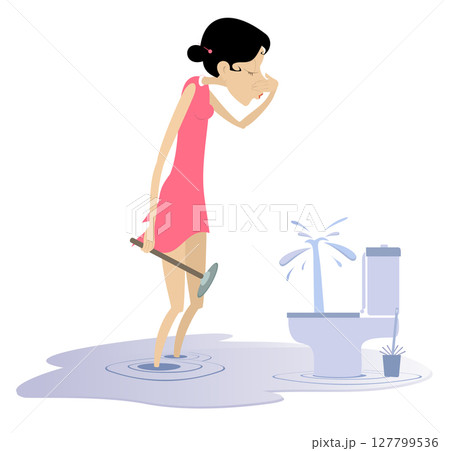 Woman clears a clogged toilet boul.  Young man with a plunger in his hand tries to clear a blockage in a toilet and plugs his nose to avoid smelling the unpleasant smell 127799536