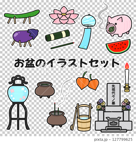 手繪貼紙風格的盂蘭盆節插圖集 手繪貼紙風格的盂蘭盆節插圖集 127799625