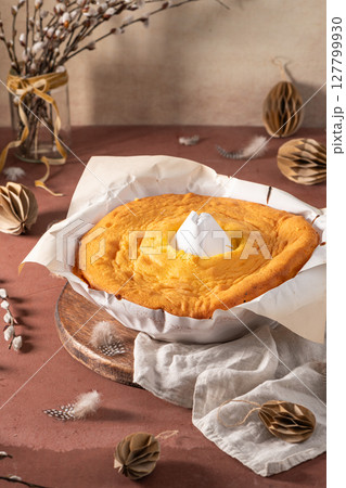 Pao de Lo de Margaride. The traditional Portuguese sponge cake wrapped in the typical paper used on the baking. 127799930