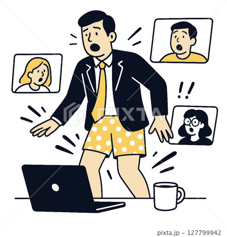 Man in suit and shorts surprised during video call, humorous situation, remote work 127799942