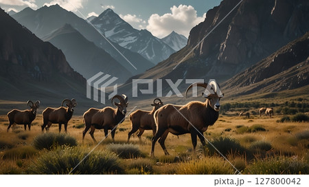 Tranquil moment of wild markhors grazing on sparse grass in a frozen cliff environment 127800042