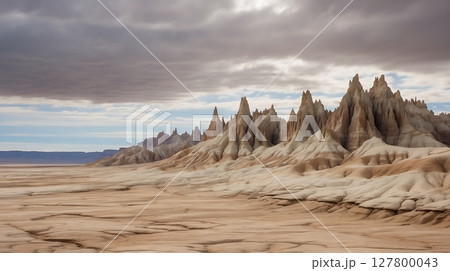 Mountain range with cracks in ground in rural area 127800043