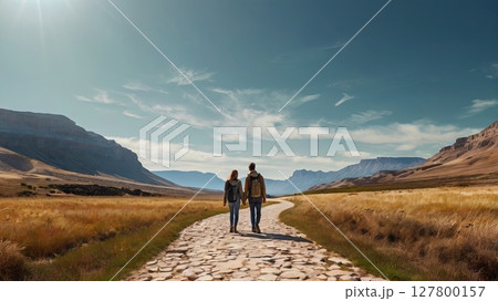 Romantic couple hiking through alpine valley path toward majestic snowy mountains - love, adventure and nature travel inspiration 127800157