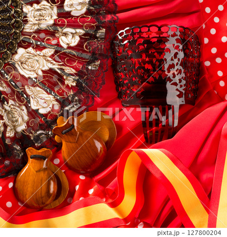 castanets fan and flamenco comb typical from Spain 127800204