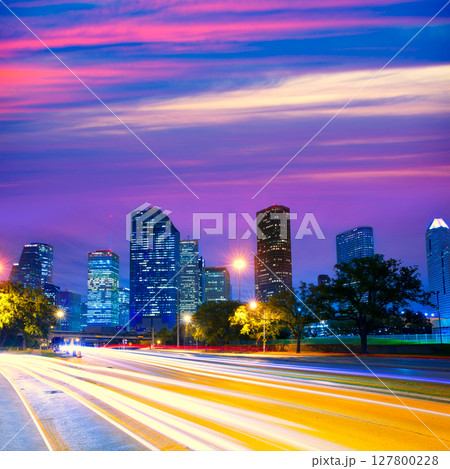 Houston Texas skyline at sunset with traffic lights 127800228