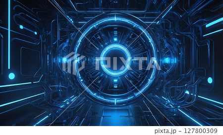 Technology-inspired abstract pattern of glowing data links and connections over a deep blue matrix background 127800309