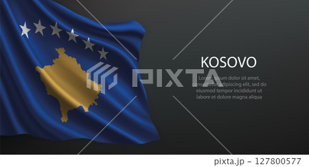 Kosovo national flag waving on dark background 127800577