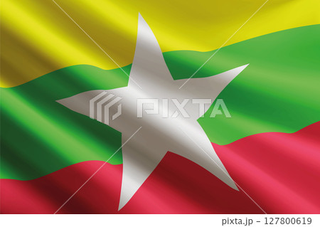 Myanmar flag waving in the wind, detailed silk texture 127800619