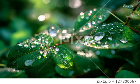 macro close-up of a green leaf with water droplets and soft natural sunlight. Perfect for nature-themed designs and publications. 127800667