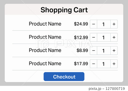 Online shopping cart interface with product list, prices, and checkout button Online shopping cart interface with product list, prices, and checkout button 127800719