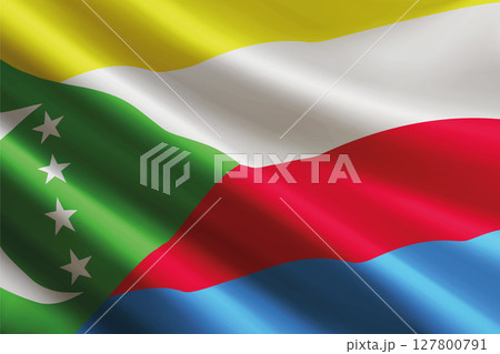 Comoros flag waving in the wind, detailed silk texture 127800791