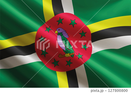 Dominica flag waving in the wind, detailed silk texture 127800800