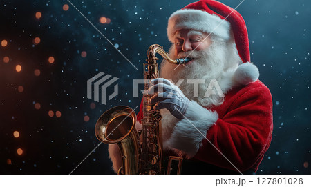 Christmas Santa Claus playing golden saxophone in red suit and hat with snow and festive lights in background. Joyful holiday music scene. 127801028