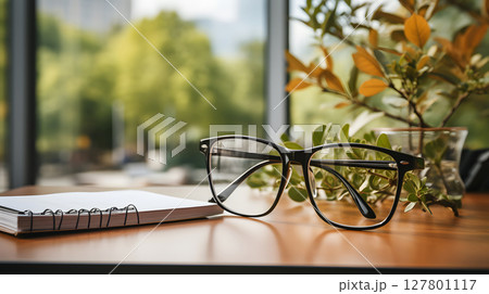 clean flat lay of a workspace with a notebook, pen, coffee cup, and glasses. Perfect for blogs, social media, and advertising visuals. clean flat lay of a workspace with a notebook, pen, coffee cup, and glasses. Perfect for blogs, social media, and advertising visuals. 127801117