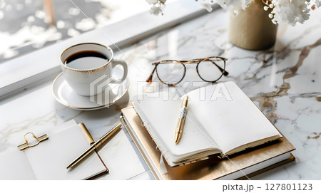 clean flat lay of a workspace with a notebook, pen, coffee cup, and glasses. Perfect for blogs, social media, and advertising visuals. clean flat lay of a workspace with a notebook, pen, coffee cup, and glasses. Perfect for blogs, social media, and advertising visuals. 127801123