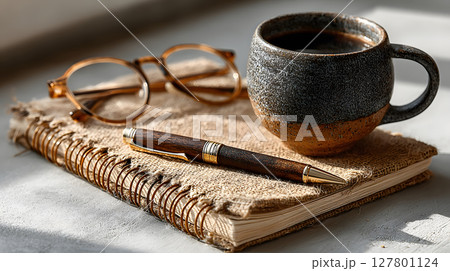 clean flat lay of a workspace with a notebook, pen, coffee cup, and glasses. Perfect for blogs, social media, and advertising visuals. clean flat lay of a workspace with a notebook, pen, coffee cup, and glasses. Perfect for blogs, social media, and advertising visuals. 127801124
